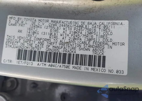 2012 Toyota Tacoma Prerunner V6 z USA, uszkodzony, nr VIN 3TMJU4GN2CM126797